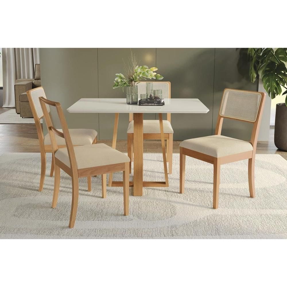 Conjunto Sala de Jantar Elma Premium Madeira Maciça c/ Tampo Madeirado c/ Vidro 120x80cm e 4 Cadeiras Lola Carvalho/Off White - Boucle Bege-Kappesberg