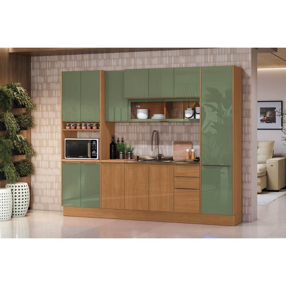 Cozinha Completa Vibra 7 Peças (2Aéreos+2Balcões+2Paneleiros+1Complemento) C7P109 Canela/Verde Pistache Lacca - Kappesberg