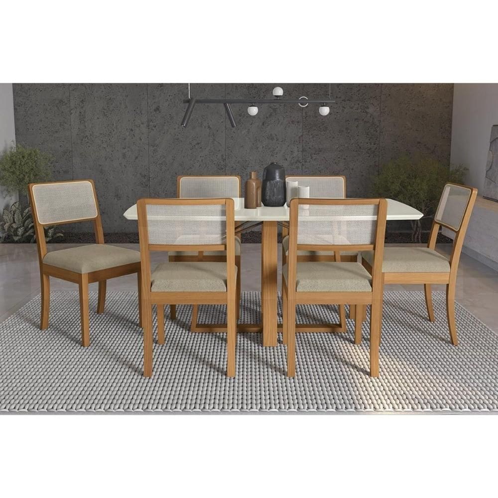 Conjunto Sala de Jantar Elma Premium Madeira Maciça c/ Tampo Madeirado c/ Vidro 170x90cm e 6 Cadeiras Lola Carvalho/Off White - Boucle Bege-Kappesberg
