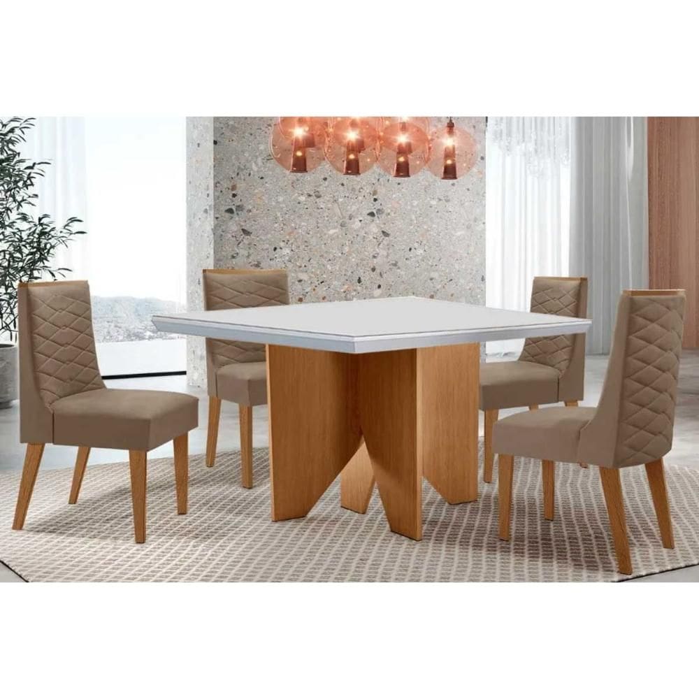 Conjunto Sala de Jantar Nevada c/ Tampo Madeirado c/ Vidro Canto Curvo 90x90cm e 4 Cadeiras Dafne Madeira Maciça Naturale/Off White - Capuccino/Suede