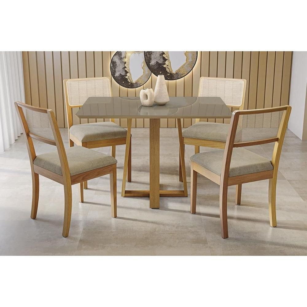 Conjunto Sala de Jantar Elma Premium Madeira Maciça c/ Tampo Madeirado c/ Vidro 120x80cm e 4 Cadeiras Lola Carvalho/Freijo Bronze - Boucle Bege Fendi-
