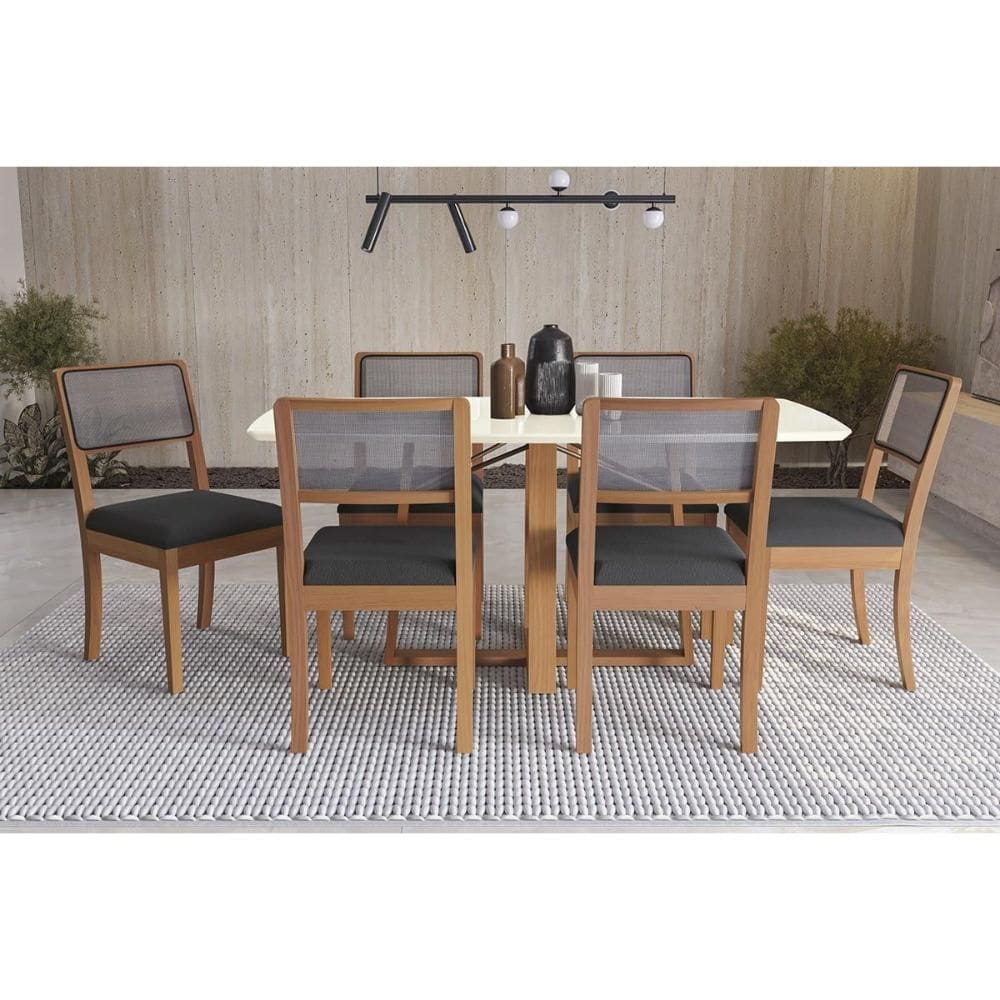 Conjunto Sala de Jantar Elma Premium Madeira Maciça c/ Tampo Madeirado c/ Vidro 170x90cm e 6 Cadeiras Lola Carvalho/Off White - Boucle Grafite-Kappesb