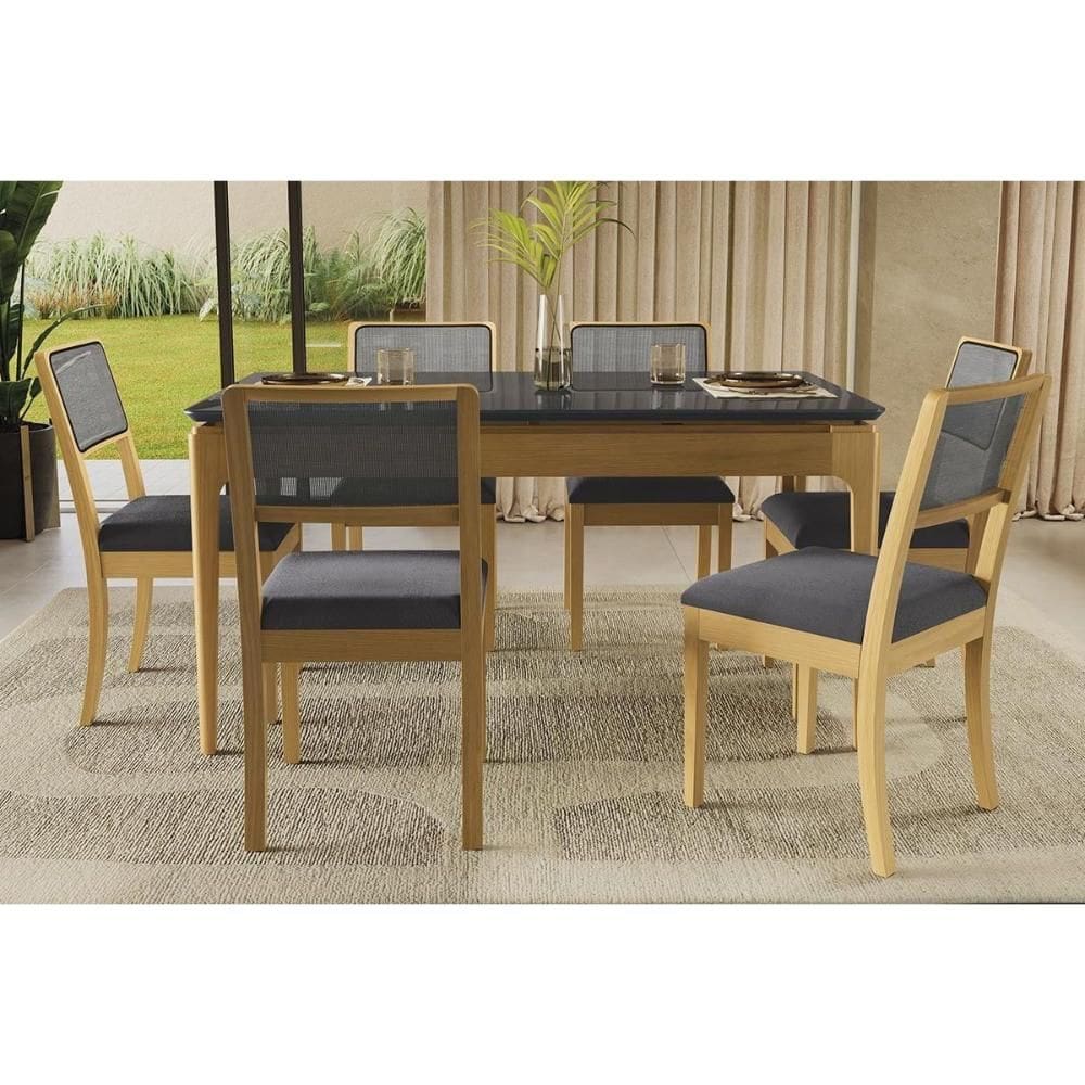 Sala de Jantar Completa Mira Premium Madeira Maciça c/ Tampo Madeirado c/ Vidro 160x90cm e 6 Cadeiras Lola Carvalho/Preto - Boucle Grafite - Kappesber