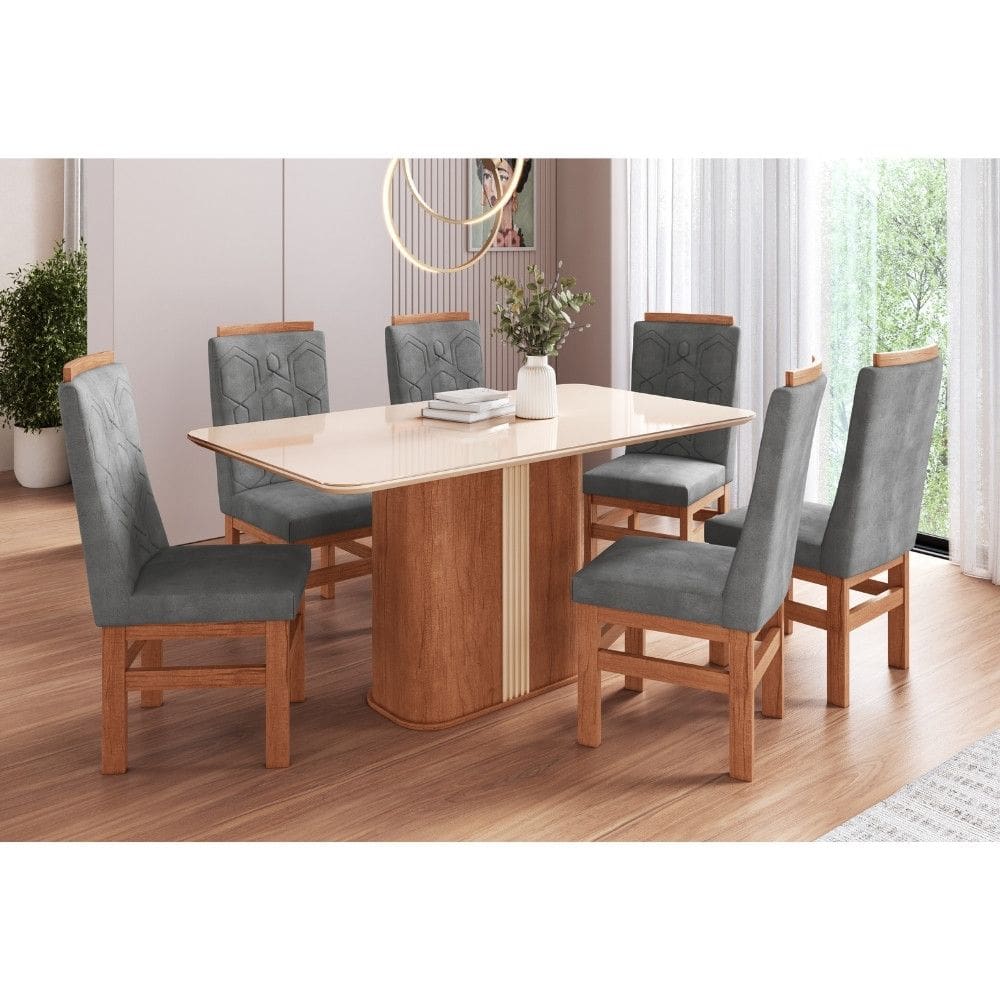 Conjunto Sala de Jantar Mesa com Tampo de Vidro 160cm e 6 Cadeiras Joli Velvetem em Madeira Maciça 165/26 Zamarchi