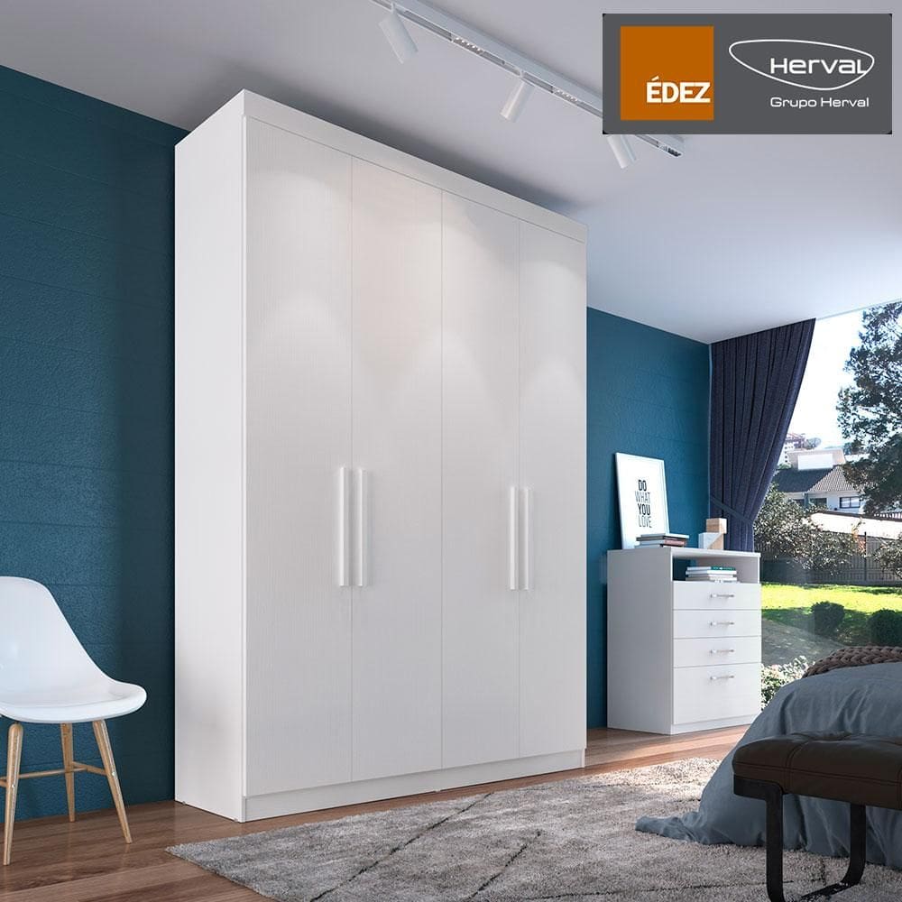 Guarda-Roupa Solteiro Édez Lunar, 4 Portas de Bater, Branco, 155 cm