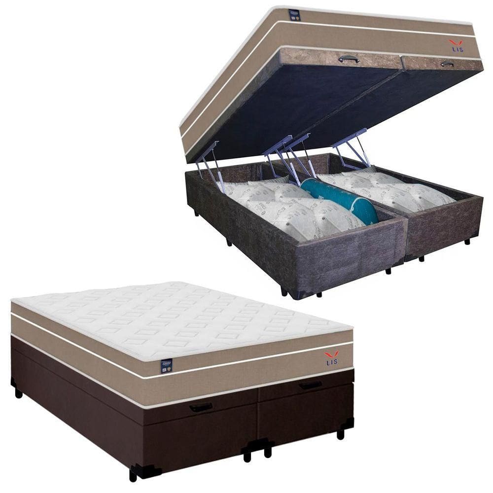 Cama Box Baú Casal Bipartido Suede + Colchão Lis Molas Ensacadas Plumatex 138cm ? Suporta Até 120 Kg Por Pessoa Marr