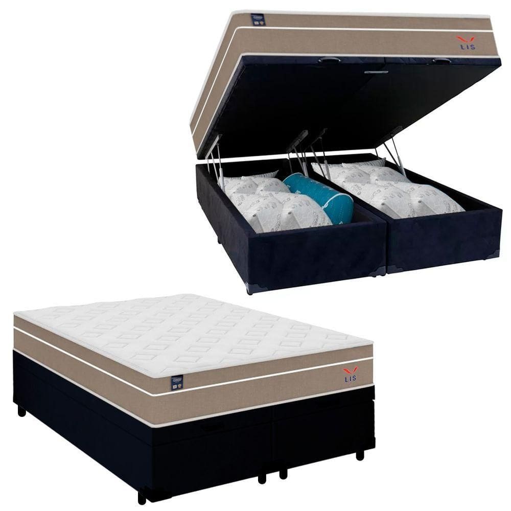 Cama Box Baú Casal Bipartido Suede + Colchão Lis Molas Ensacadas Plumatex 138cm ? Suporta Até 120 Kg Por Pessoa Pret