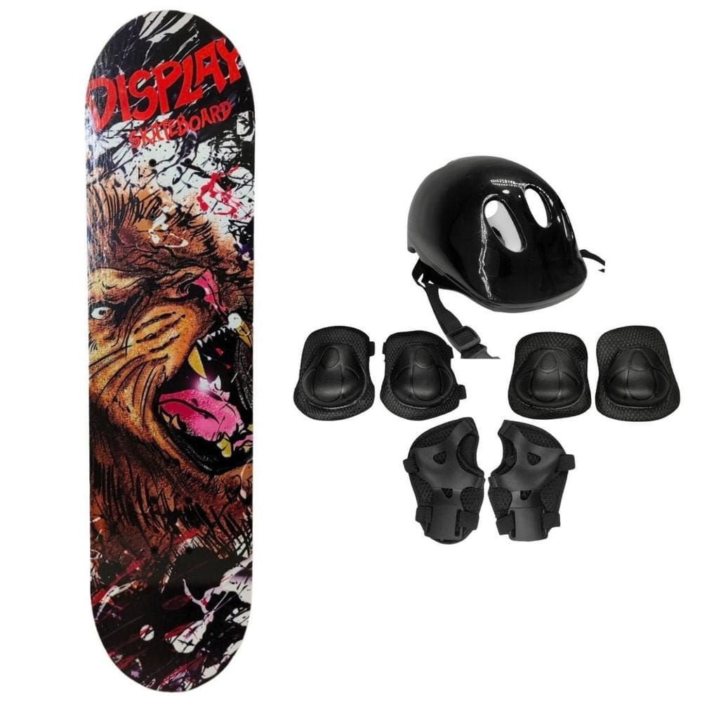Skate Infantil Leão + Kit Proteção Completo Preto