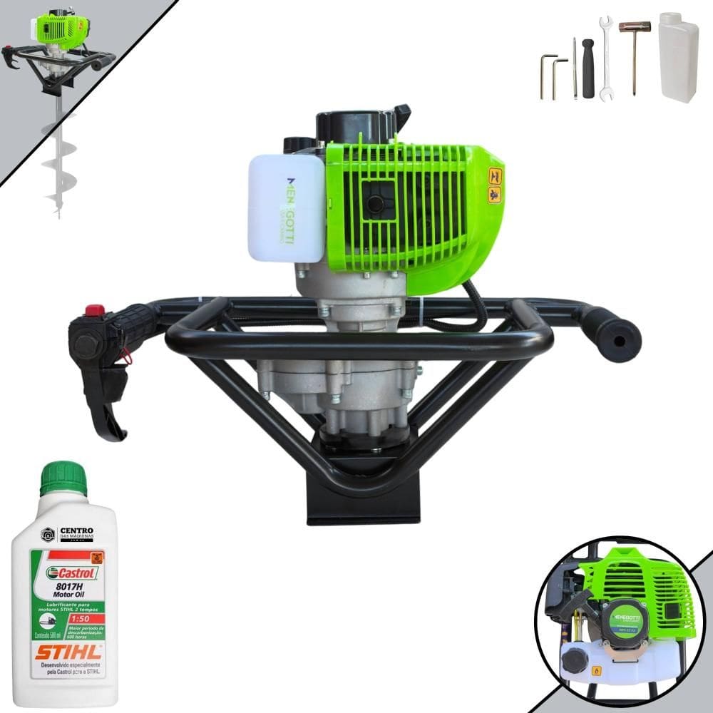 Perfurador de Solo Máquina Fura Terra Trado Motorizado Sem Broca Menegotti MPS52 À Gasolina 2 Tempos 52cc 1,8HP 9.000rpm Profissional + ÓLEO STIHL 2T