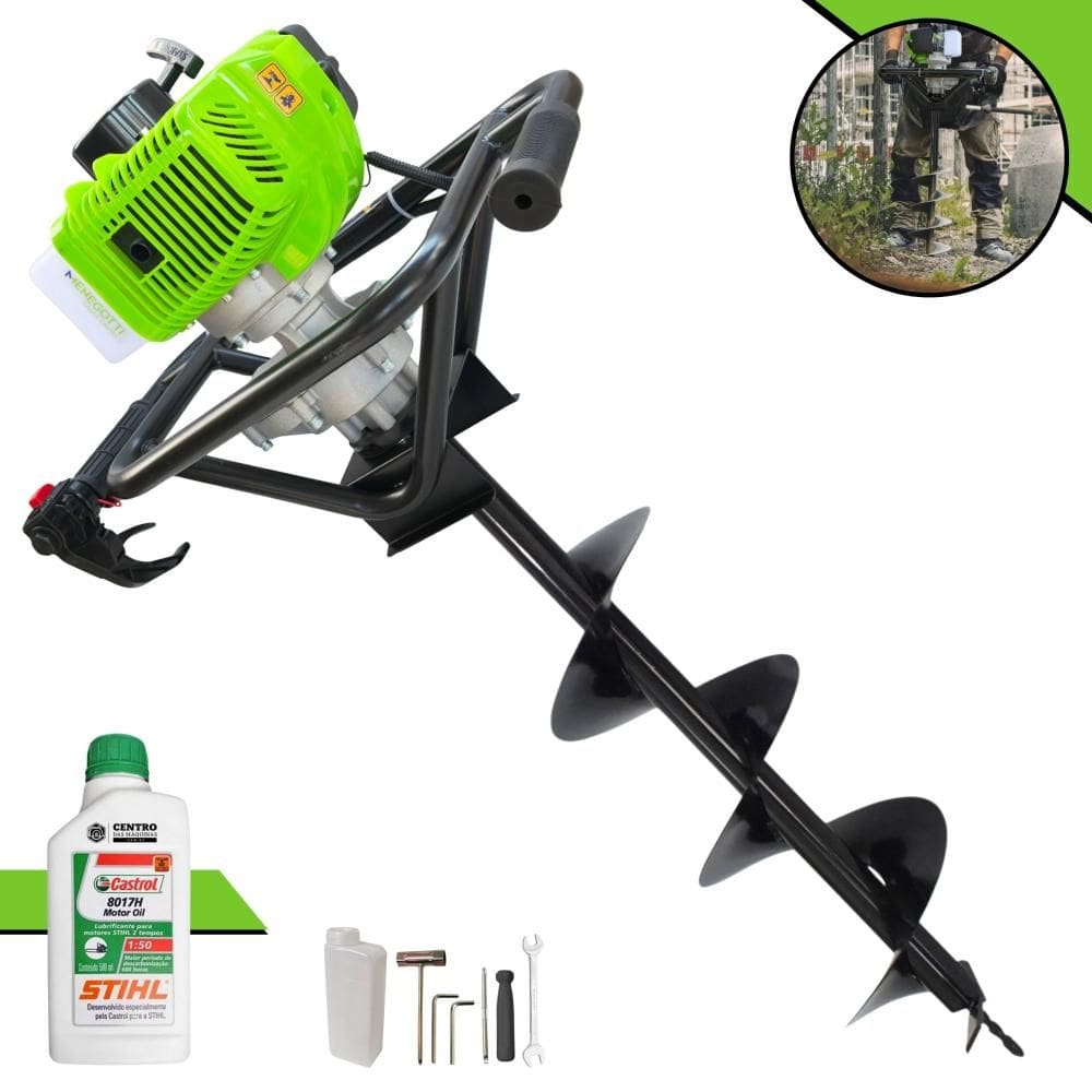 Perfurador Trado À Gasolina Menegotti MPS52 52cc 1,8HP 9.000rpm Motor 2T Máquina Fura Terra Profissional Com Broca 80x20cm + ÓLEO STIHL