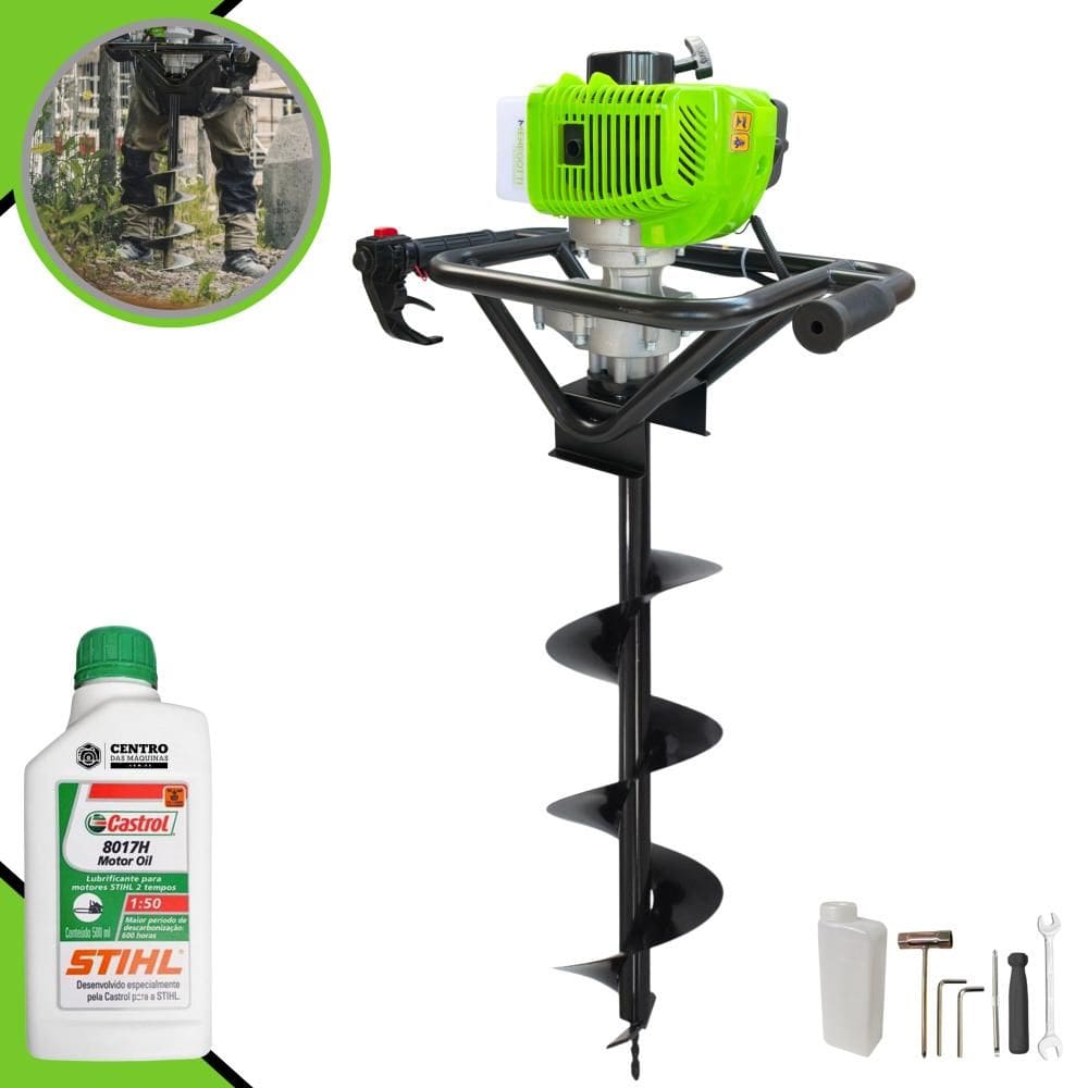 Perfurador de Solo Máquina Fura Terra Trado Motorizado Menegotti MPS52 À Gasolina 52cc 1,8HP 9.000rpm Profissional + Broca 80x20cm + ÓLEO STIHL 2T