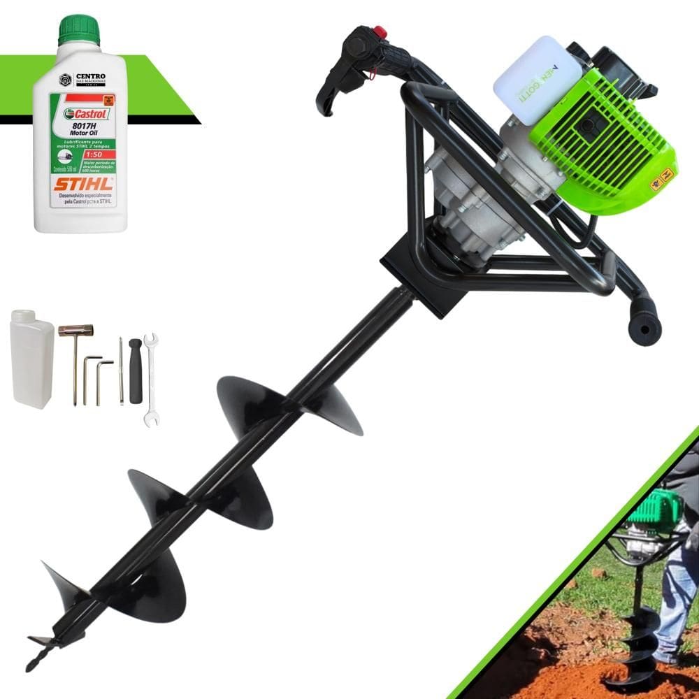 Perfurador de Solo Menegotti MPS-52 À Gasolina Motor 2T 52cc 1,8HP Profissional de Alta Rotação e Performance Com Broca 80x20cm + ÓLEO STIHL 2 TEMPOS