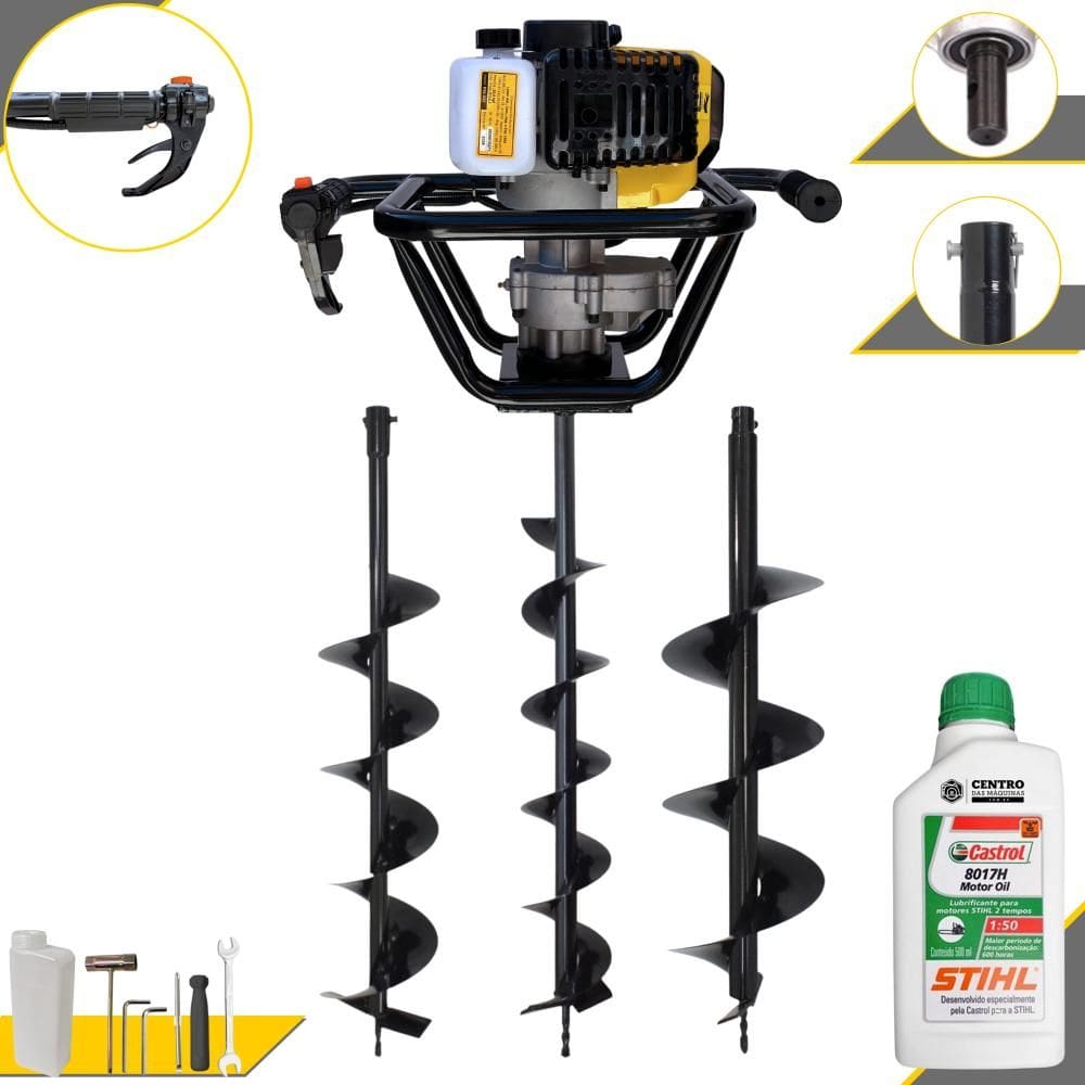 Máquina Fura Terra Perfurador de Solo Lynus PSL517 À Gasolina 2T 52cc 9.000rpm 1,8HP + Brocas 80x10cm, 80x15cm e 80x20cm + EXTRA 1 ÓLEO STIHL