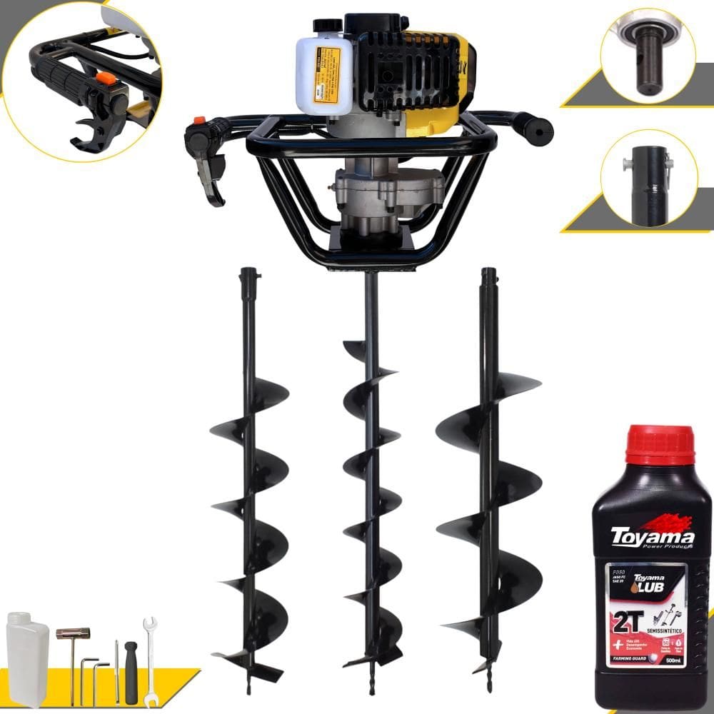 Trado Perfurador de Solo Máquina Fura Terra Lynus PSL517 À Gasolina 2T 52cc 1,8HO 9.000rpm + Brocas 80x10, 80x15 e 80x20 + EXTRA ÓLEO TOYAMA 2T