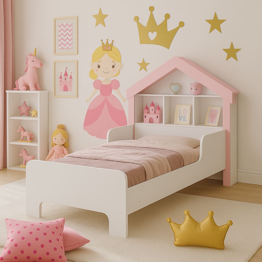 Cama Solteiro Casinha Com Prateleira Para Livros e Proteção Lateral