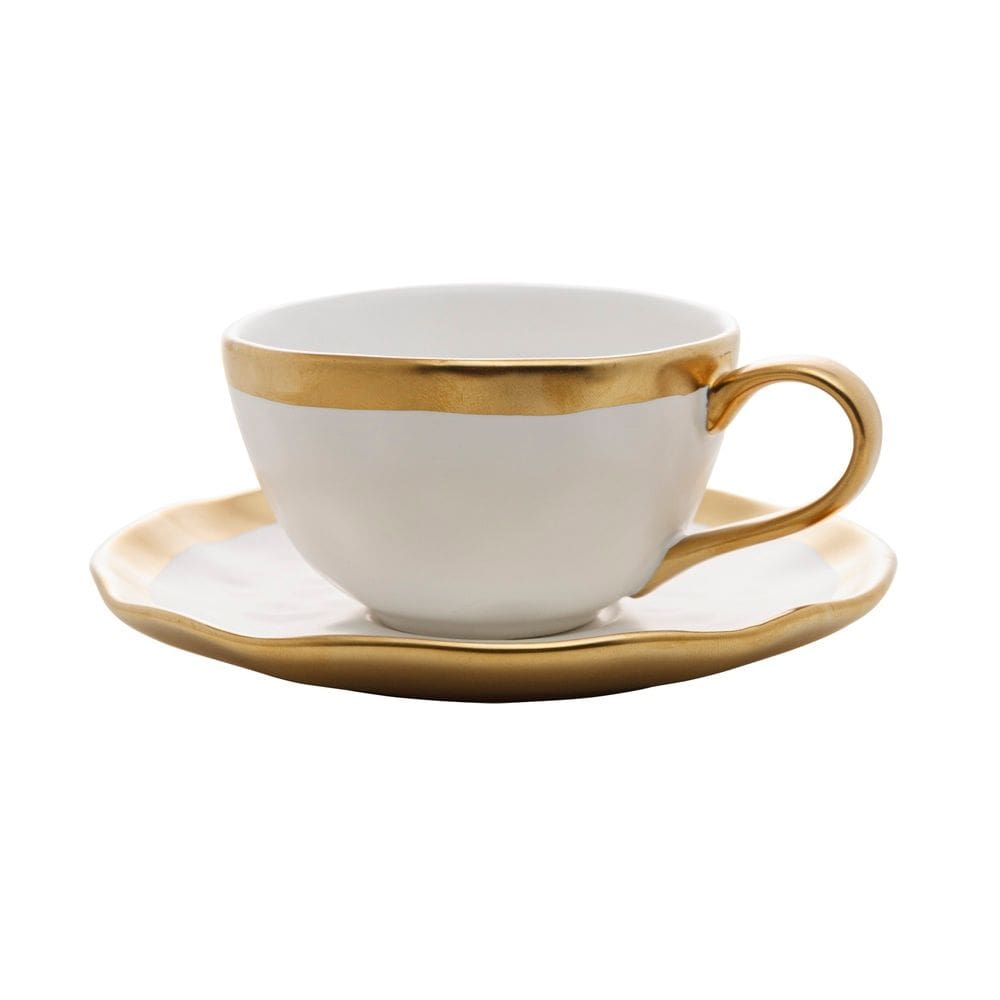 Xícara P/Chá C/Pires de Porcelana Branco/Dourado Dubai 200ml Wolff