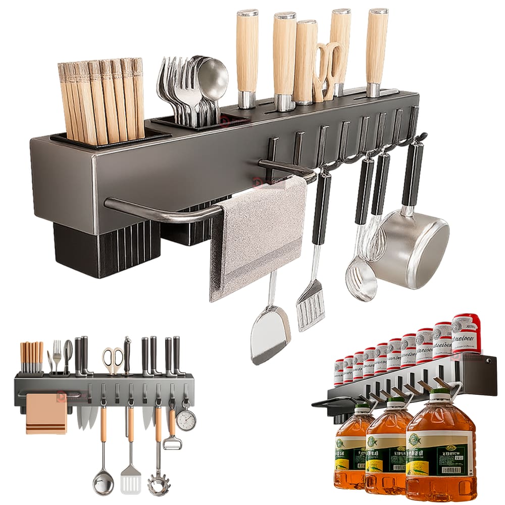 Prateleira Organizador De Cozinha 51cm Aço Suporte De Parede P/ Utensílios Porta Talher Faca Porta Pano Toalha 8 Gancho
