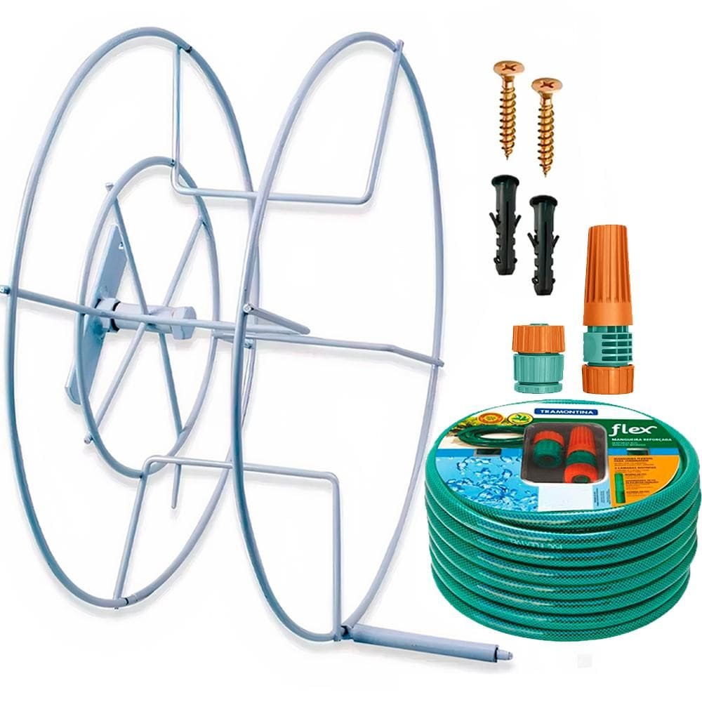 Suporte Enrolador de Mangueira Giratório Grande EVALD com Mangueira 20 Metros TRAMONTINA