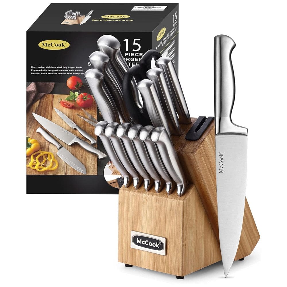 MC19 Conjunto de Facas em Aço Inoxidável com Afiador Embutido e Bloco de Bancada 15 Peças, MCCOOK, Prateado