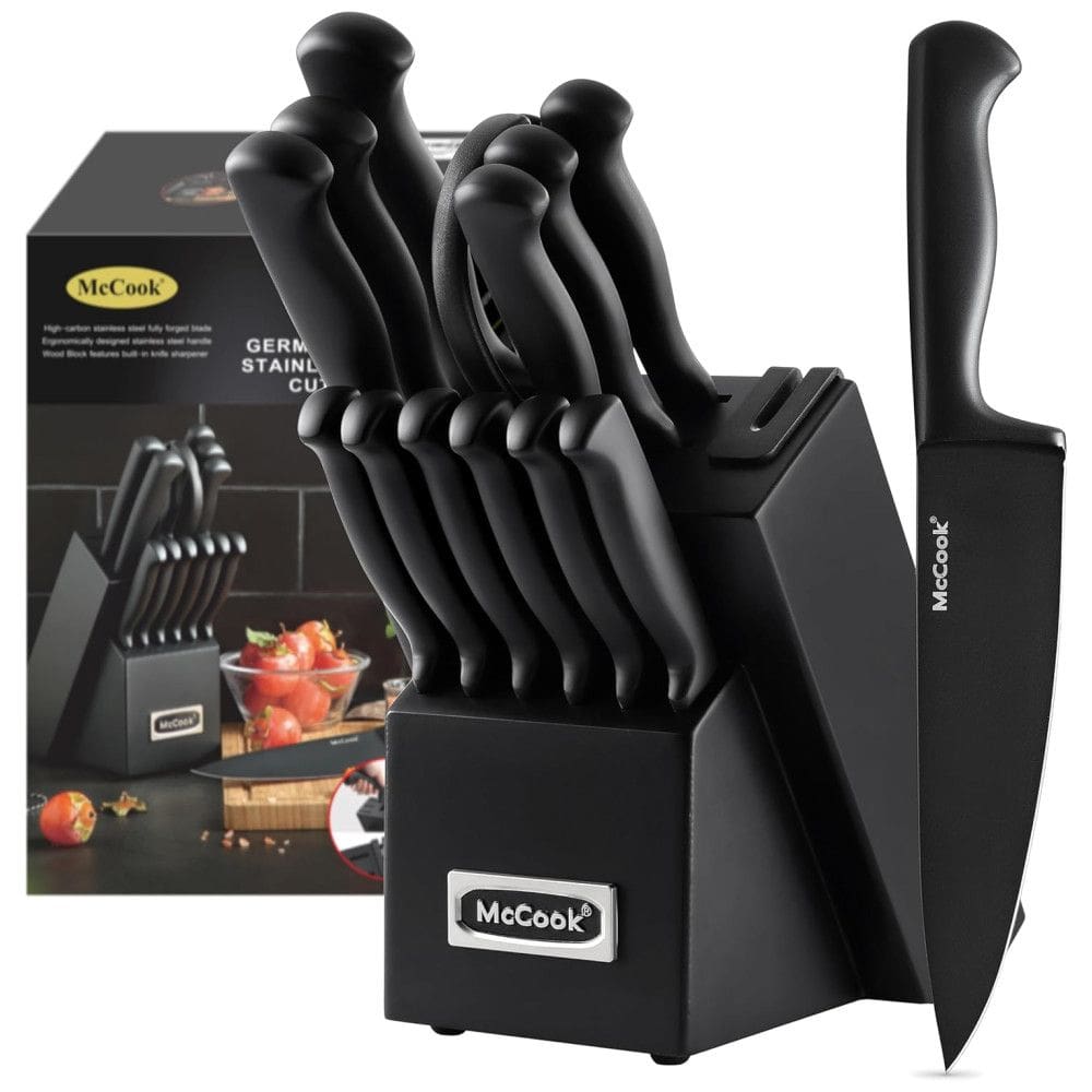 MC21B Conjunto de Facas em Aço Inoxidável com Afiador Embutido e Bloco de Bancada 15 Peças, MCCOOK, Preto
