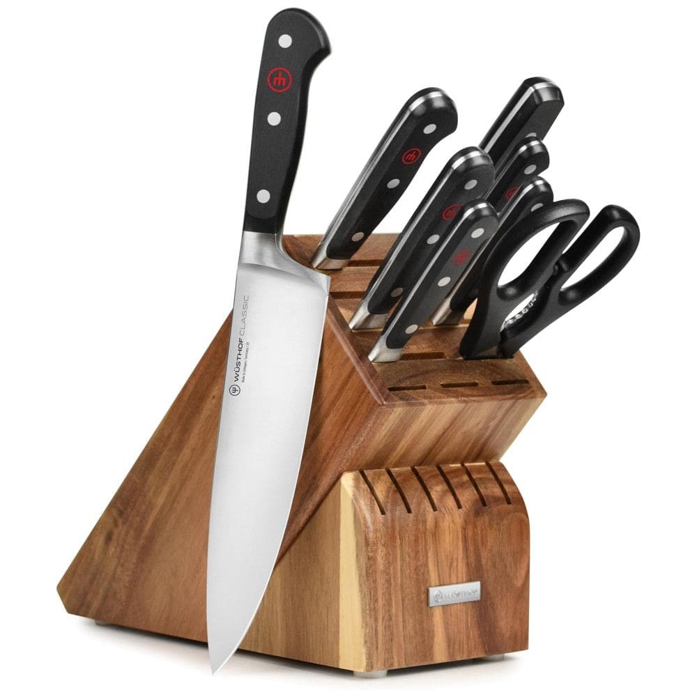 Wu Conjunto de Facas em Aço Inoxidável com Afiador Embutido e Bloco de Acácia 9 Peças, WSTHOF, Preto