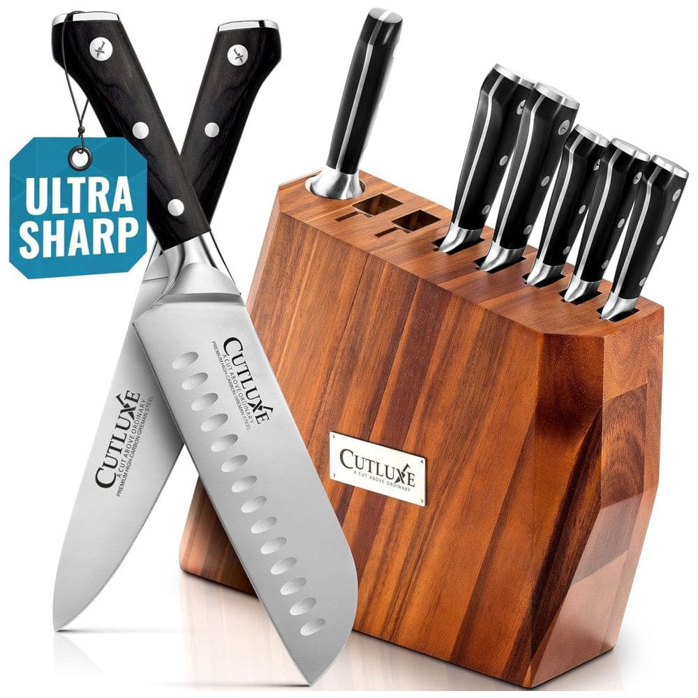 Conjunto de Facas em Aço Alemão de alto Carbono com Afiador Embutido e Bloco de Acácia 8 Peças, CUTLUXE ART SET 08 1, Preto