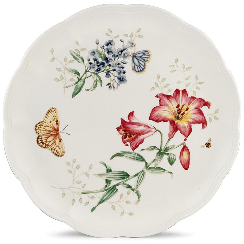 Prato de Jantar de 27 cm com Tema Flores e Borboletas, Formato Quadrado e Material de Porcelana, Lenox, Branco Colorido