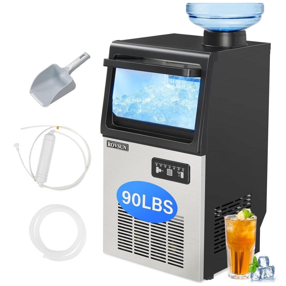 Máquina de Gelo Profissional, Que Produz 40 kg em 24H com Função de Agendamento, Tubo de Drenagem e Filtro de Água, 110V 100W, ROVSUN