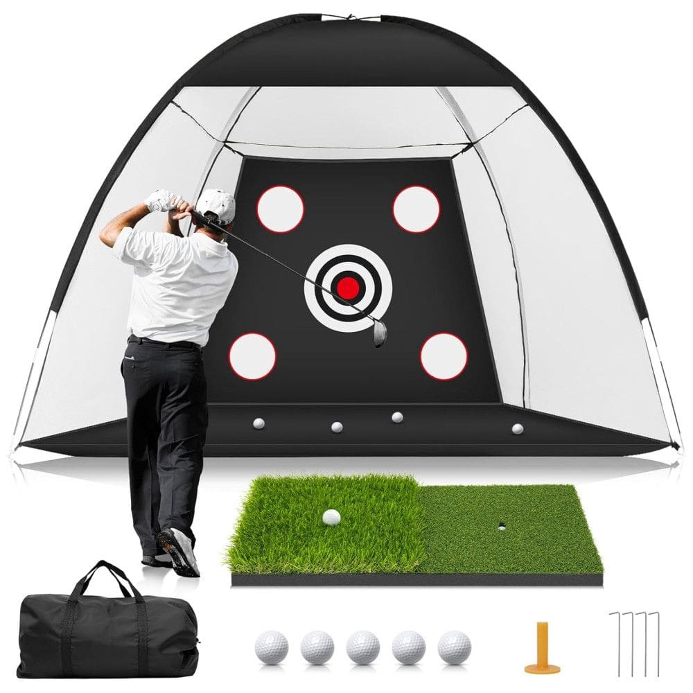 Rede de Golfe MUVPOH 3x2,1 metros com Tapete de Golfe DualTurf para Treino de Tacadas, Alvos Múltiplos, Auxílio para Homens e Amantes