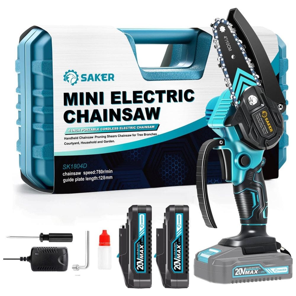 Mini Motosserra Elétrica Portátil para Corte e Poda de Galhos, Movida a Bateria 20V, 550W, Saker, Azul