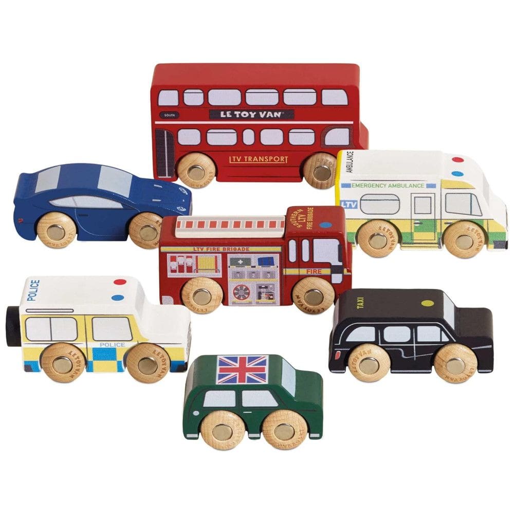 Conjunto de Carros London, Brinquedos de Madeira Premium para Crianças de 3+ Anos, Inclui 7 Peças - Le Toy Van