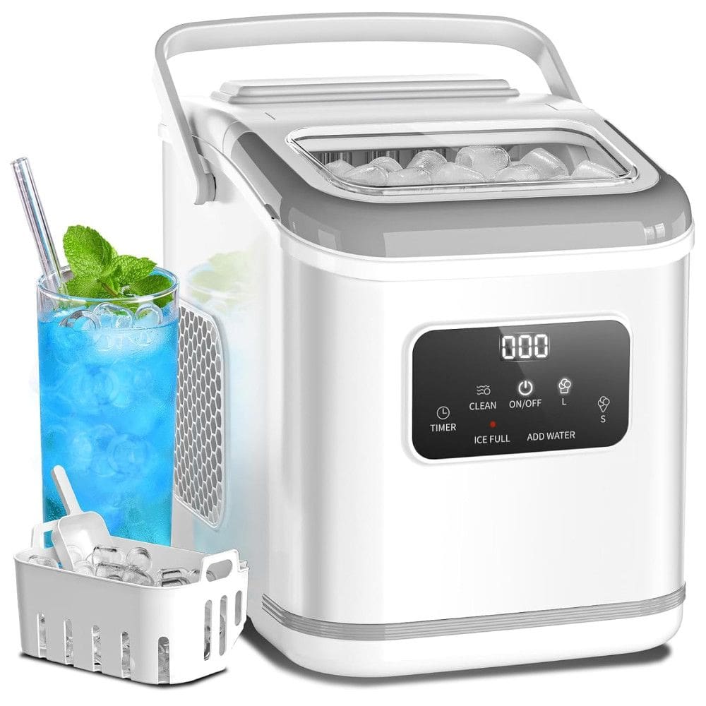 Máquina de Gelo Portátil que Produz 12 kg em 24H com Limpeza Automática, 2 Tamanhos de Gelo e Tela LED, 110V 170W, Electactic, Branca