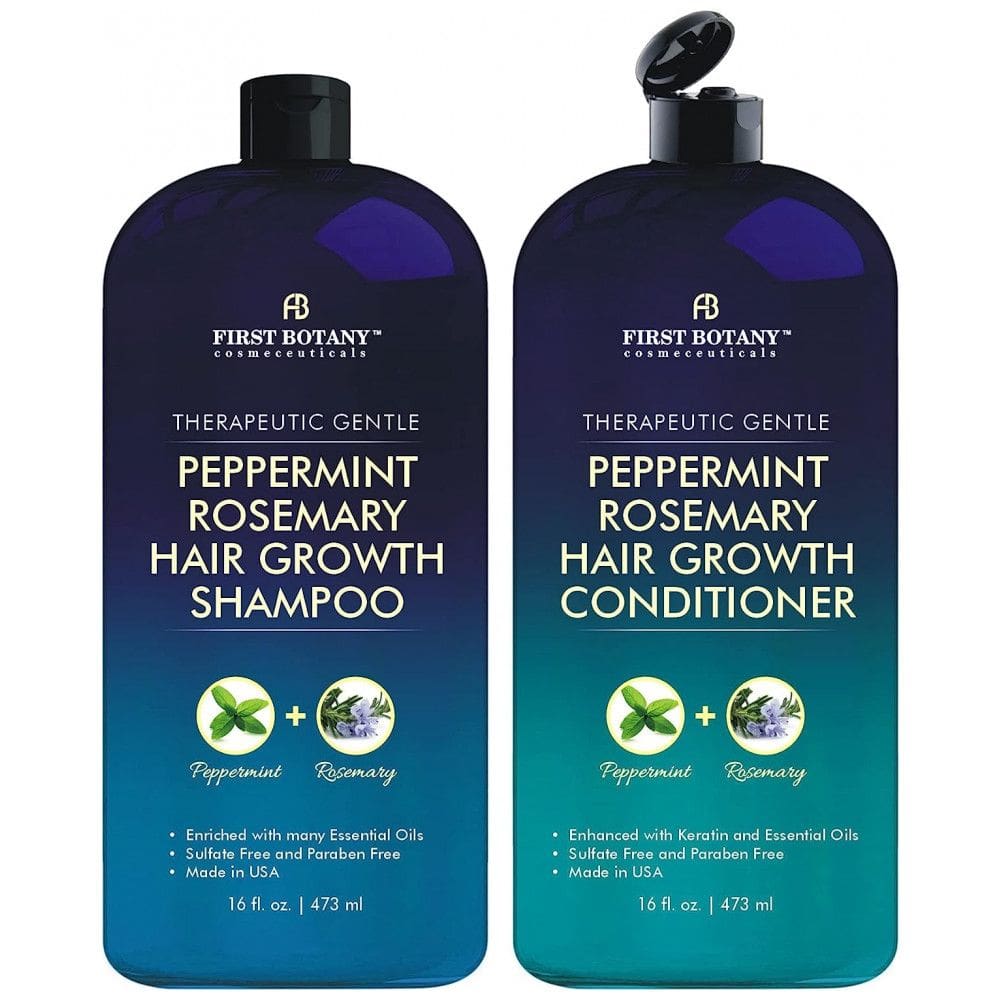 Shampoo e Condicionador 473 ml para Crescimento e Queda de Cabelo com Alecrim e Menta, FIRST BOTANY, Azul