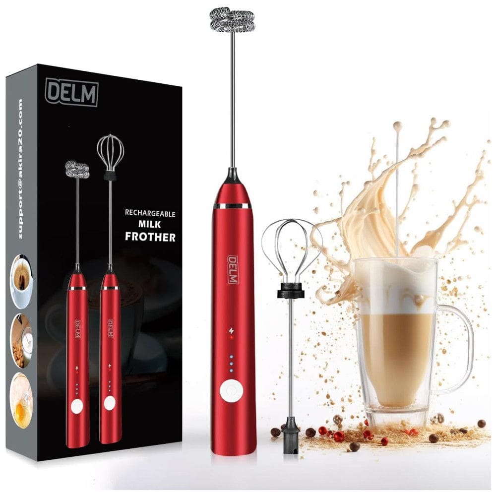 Espumador de Leite Elétrico DELM com Bateria Recarregável USB e 3 Velocidades, Vermelho