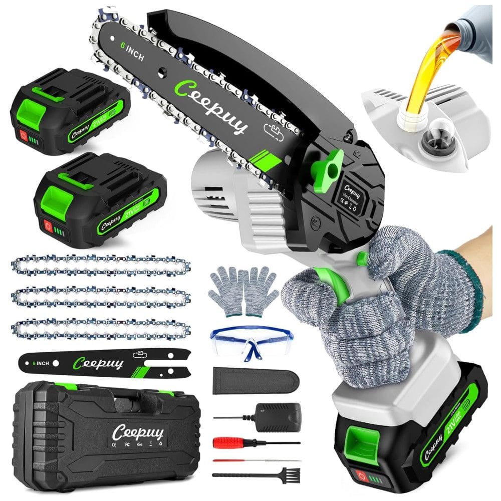Mini Motosserra Elétrica Portátil com Lubrificação de Corrente Automática, Ideal para Trabalhos Leves e Domésticos, 21V 880W, CEEPUY, Verde