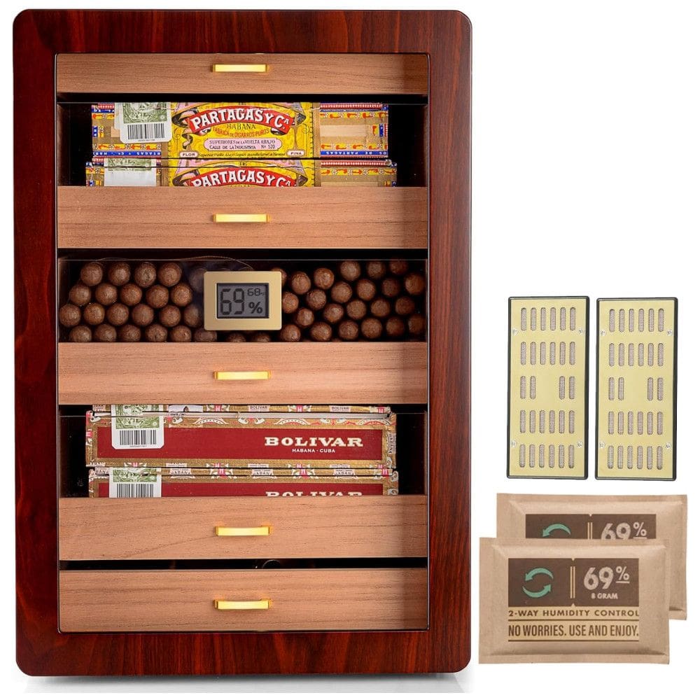 Umidor para Charutos Marvero em Cedro com Higrômetro Digital, Gavetas, Umidificadores e Acessórios Banhados a Ouro - Capacidade para 150