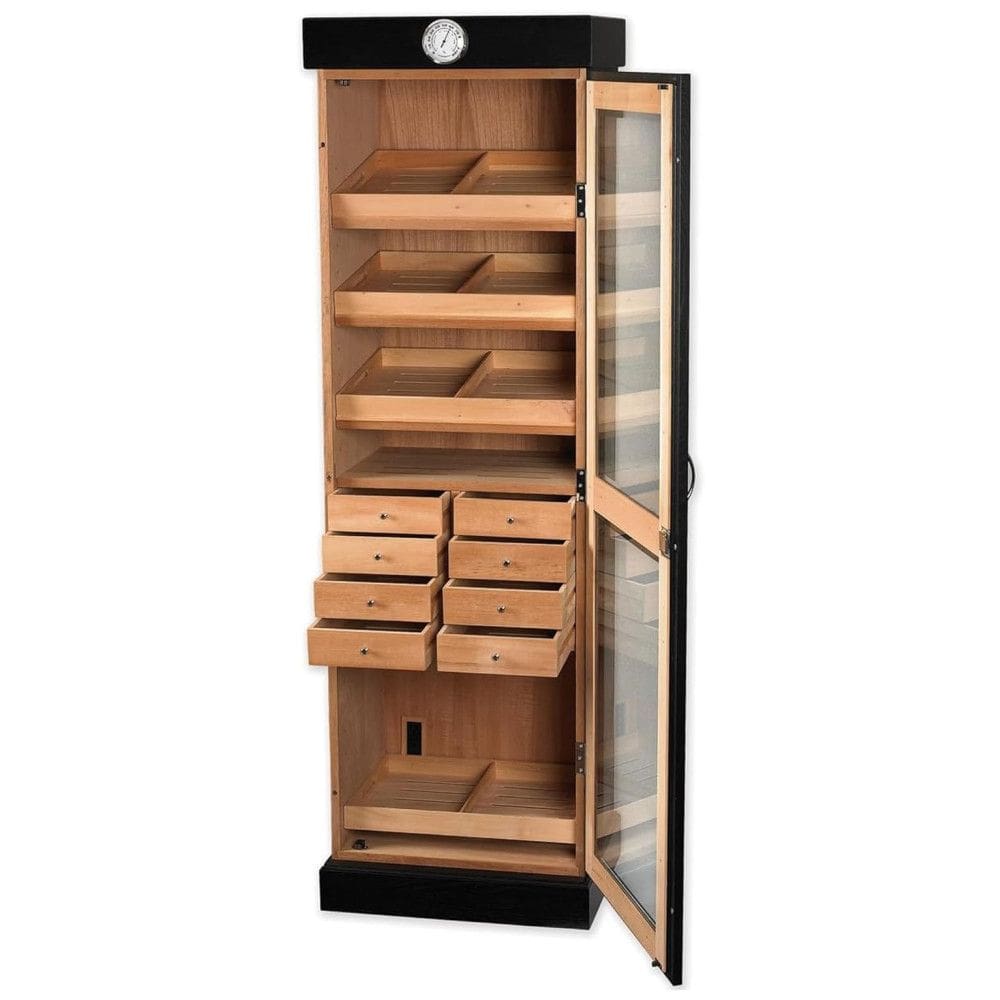Umidor Torre Preto com Prateleiras e Gavetas Ajustáveis | Grande Capacidade, Porta de Vidro Temperado, Higrômetro e Forro de Cedro