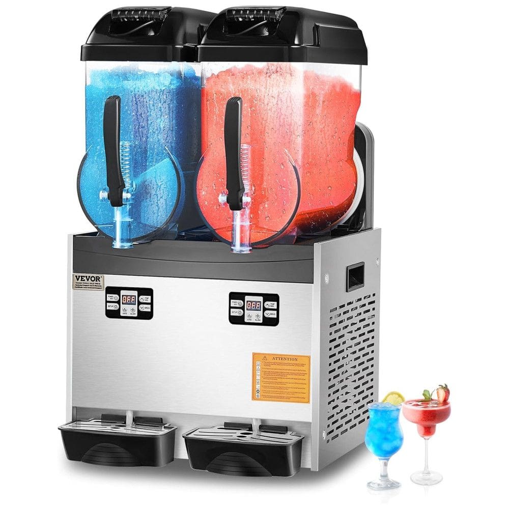 Máquina de Raspadinha Comercial VEVOR com 2 tanques de 12L, ideal para margaritas e smoothies. Produz até 96 copos, perfeita para festas.