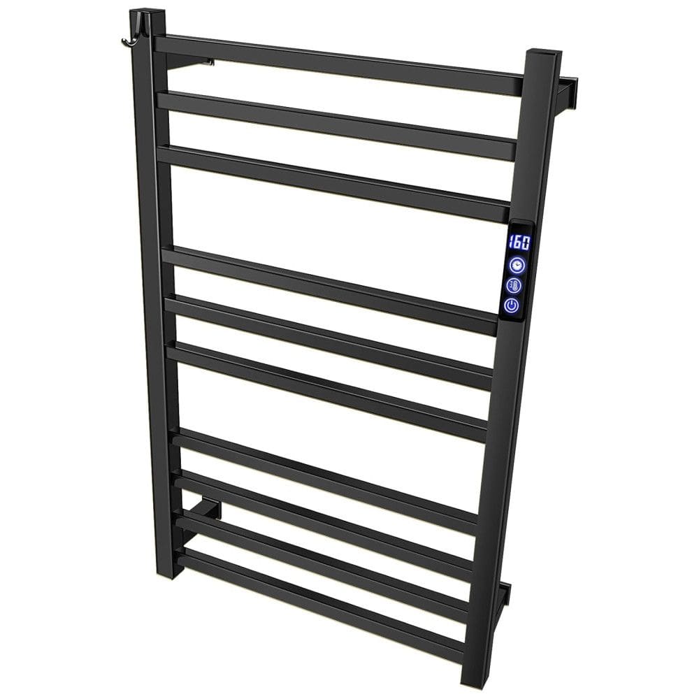 Aquecedor de Toalhas Preto para Banheiro com Timer,Display em Fahrenheit, 10 Barras, Elétrico, Montagem na Parede, Aquecimento de