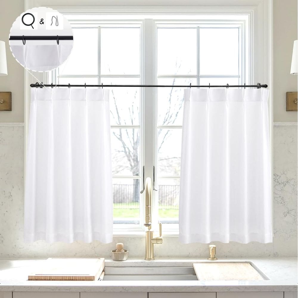 Cortinas LIMON HOME Cozinha de linho branco 76 cm de comprimento, prega