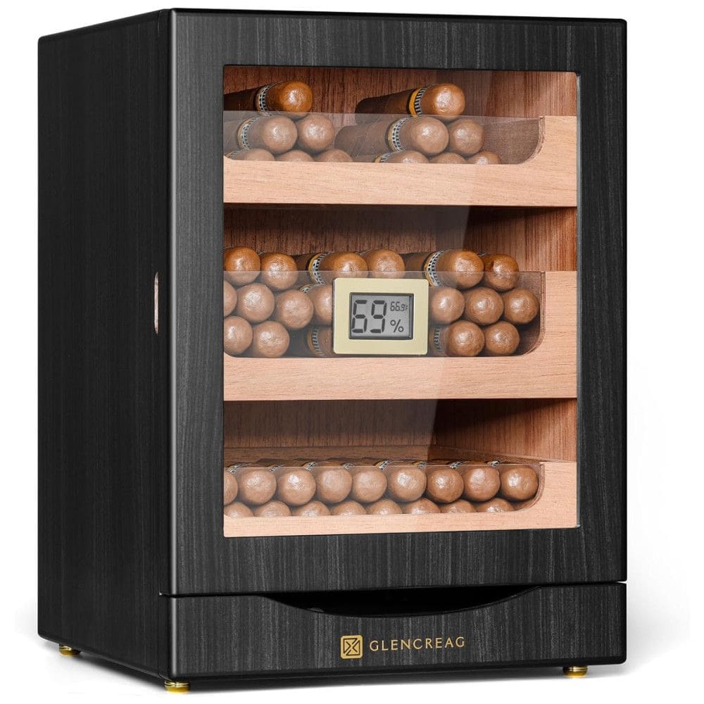 Umidor de Charutos GLENCREAG MET1031 para 100 a 150 Charutos, Revestimento em Cedro Espanhol, Porta Magnética, 31 Gavetas Grandes