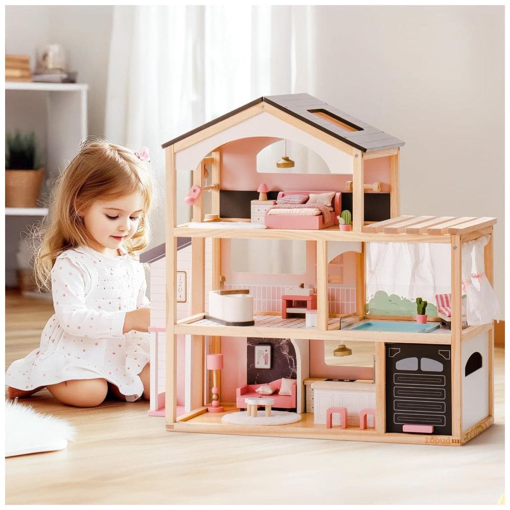 Casa de Bonecas de Madeira ROBUD, 6 Ambientes com 29 Móveis, Elevador, Garagem e Piscina - Presente Perfeito para Crianças a partir de 3