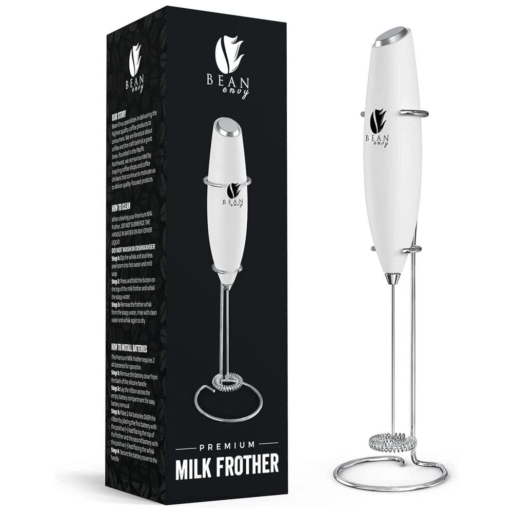 Bean Envy Espumador Elétrico de Leite em Aço Inoxidável a Bateria com Suporte, Branco