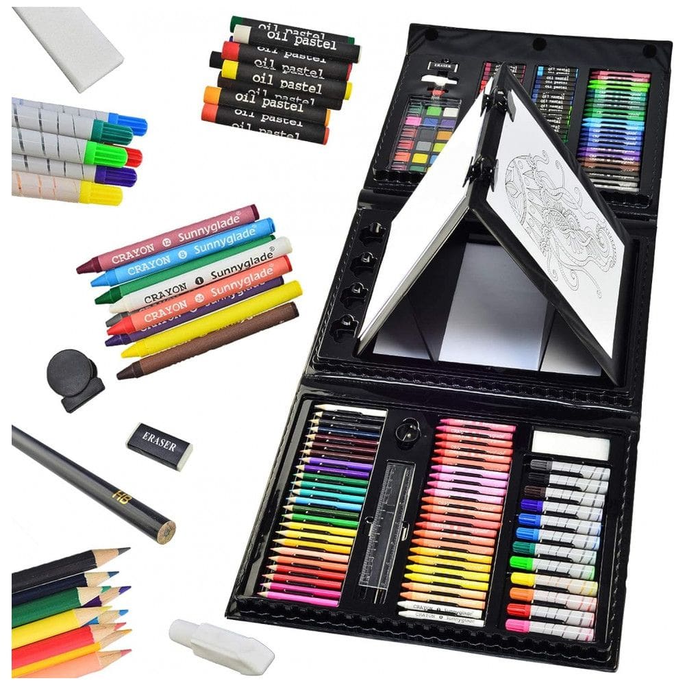 Kit Lápis de Cor Profissional com Estojo 185 peças Tintas Acrílicas, Aquarela, SUNNYGLADE EAS 1, Preto