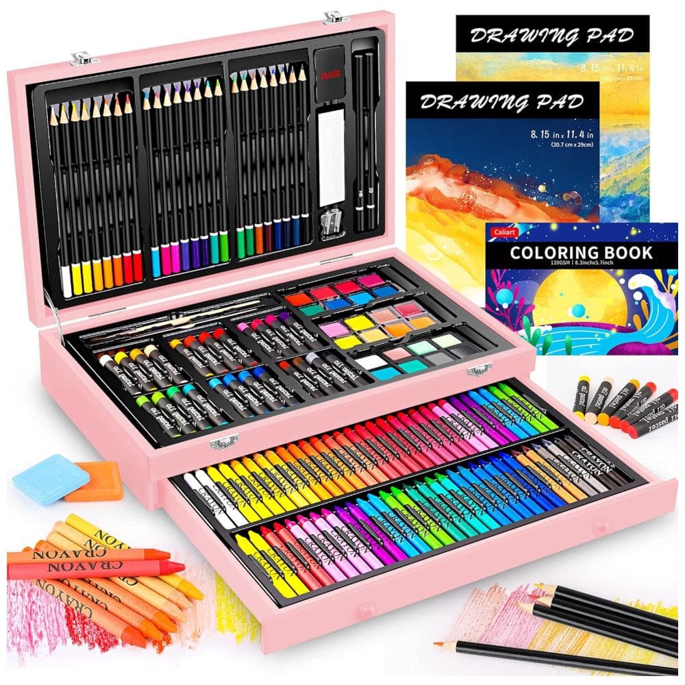 Kit Lápis de Cor Profissional com Maleta de Madeira 153 peças Tintas Acrílicas, Aquarela, CALIART, Rosa