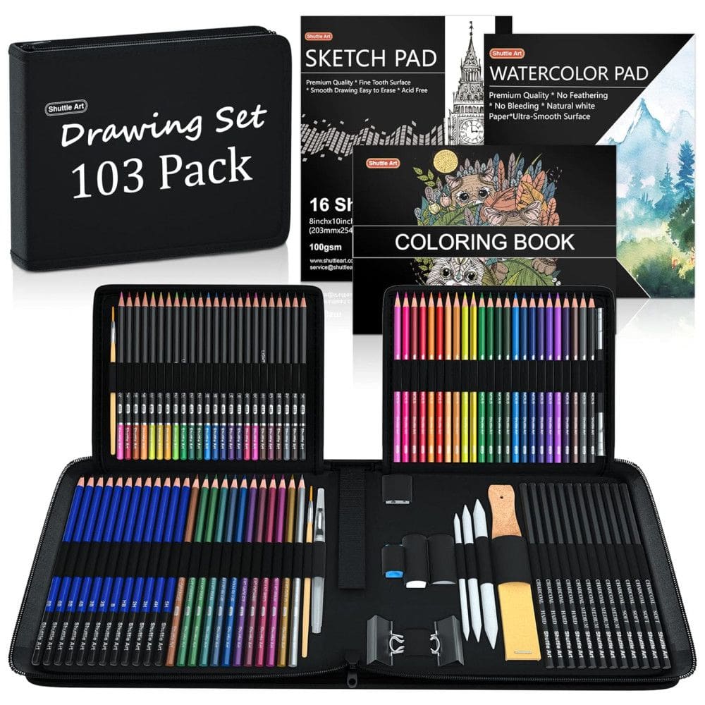 Kit Lápis de Cor Profissional com Estojo 103 peças Tintas Acrílicas, Aquarela, SHUTTLE ART SA SS103, Preto