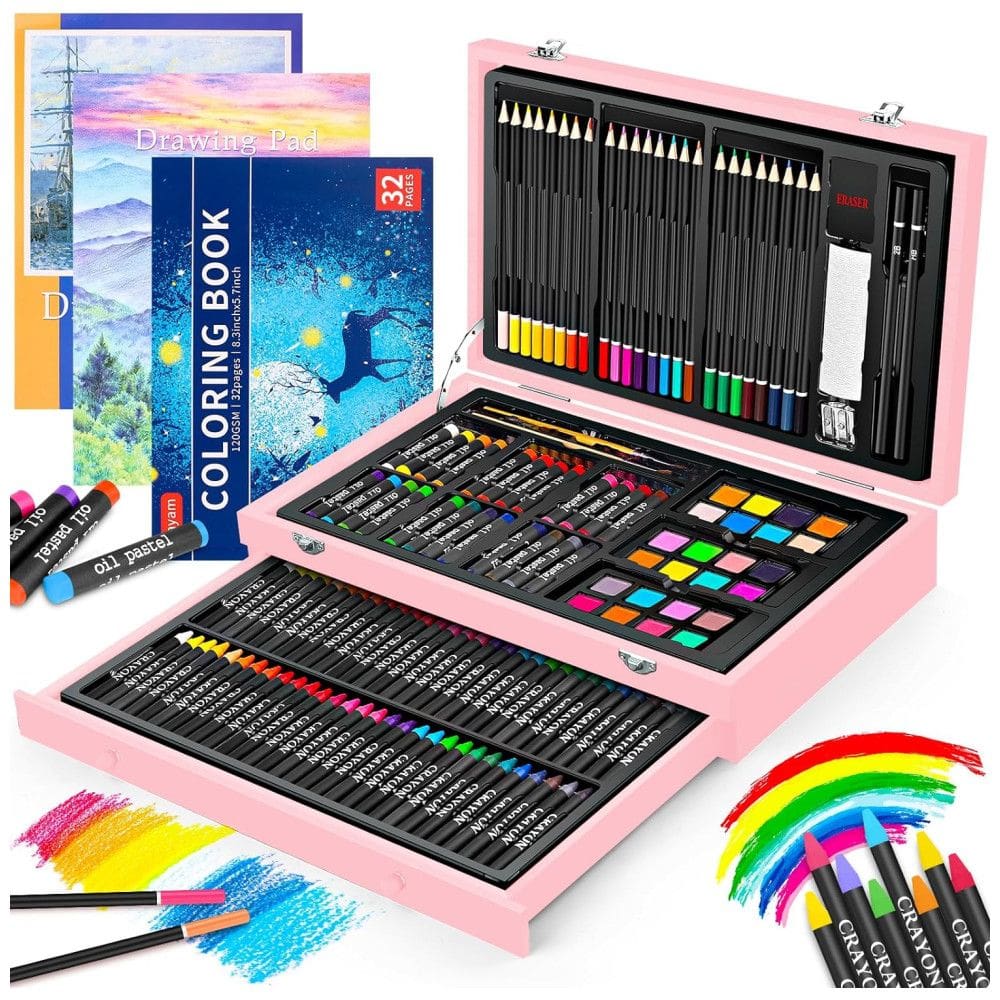Kit Lápis de Cor Profissional com Maleta de Madeira 150 peças Tintas Acrílicas, Aquarela, IBAYAM 04, Rosa
