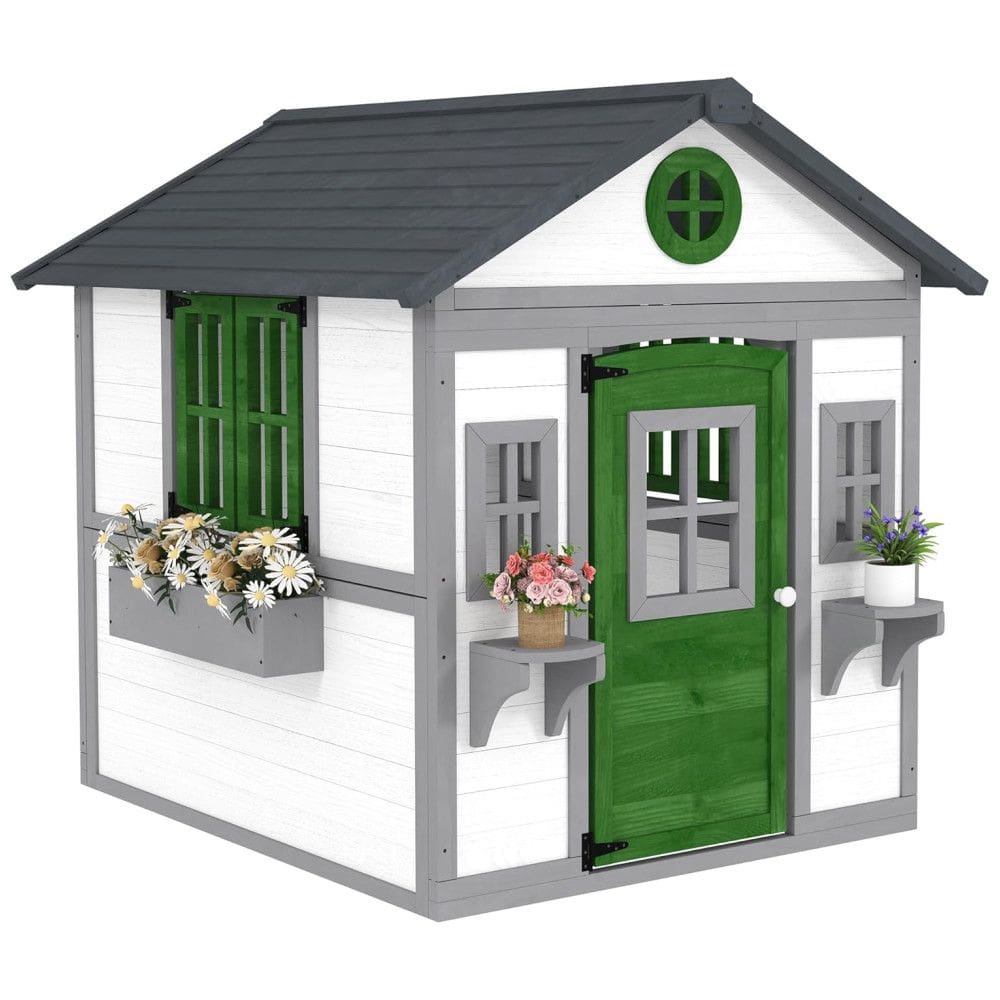 Casa de Bonecas Infantil Outsunny, Casinha de Madeira c/ Portas, Janelas, Vasos e Caixas p/ Crianças de 3 a 8 Anos, Casa de Brincar p/