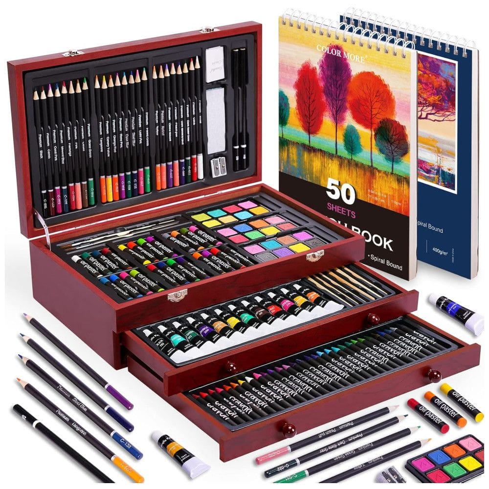 Kit Lápis de Cor Profissional Art 101 USA com Maleta de Madeira 175 peças Tintas Acrílicas, Aquarela, Marrom