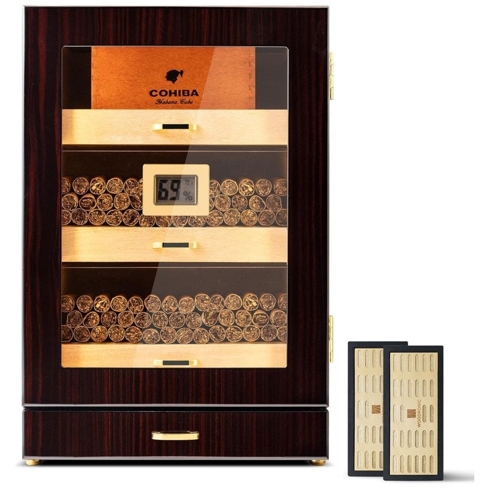 Umidor de Charutos Woodronic para 150 Charutos, com Luz de LED, Gaveta para Acessórios, Higrômetro Digital e Divisor de Cedro Espanhol